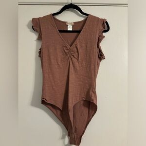 Altar’d State V-Neck Brown Flutter Sleeve Bodysuit
